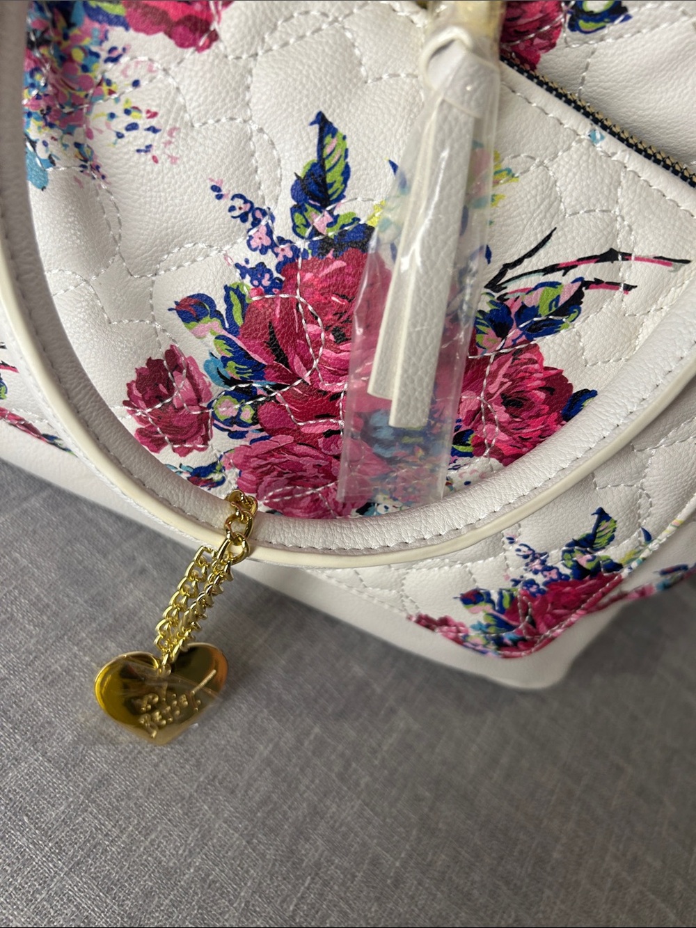 Betsey Johnson White Quilted Satchel with Pink Floral Pattern - Picture 10 of 10